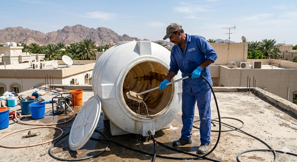شركة تنظيف خزانات في العين اثناء غسيل خزان علوي 