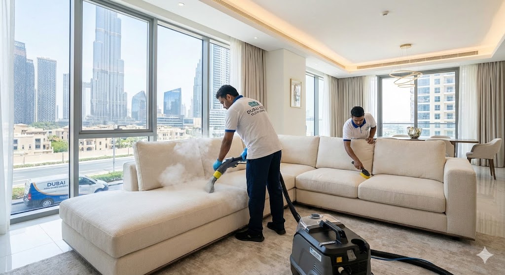 فني متخصص يقوم بعملية تنظيف كنب في دبي باستخدام أجهزة البخار الحديثة لإزالة البقع والتعقيم.