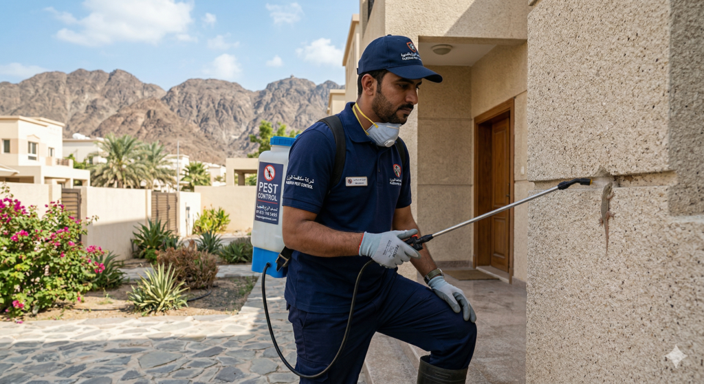 عامل محترف من أفضل شركة مكافحة الوزغ في الفجيرة يقوم برش مبيدات آمنة على جدار خارجي لمنزل للقضاء على الأبراص.