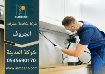 عمال من شركة مكافحة حشرات في الجروف يقومون برش المبيدات باستخدام معدات حديثة لضمان بيئة نظيفة وخالية من الحشرات.