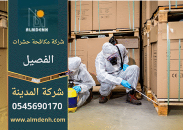 عمال من شركة مكافحة حشرات في الفصيل يستخدمون معدات رش حديثة لإبادة الحشرات وضمان نظافة المكان.
