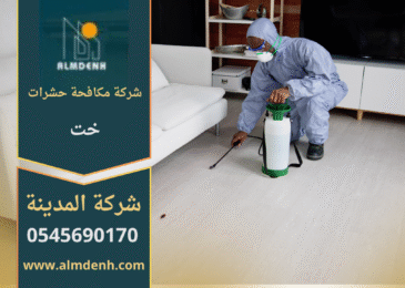 فريق متخصص من شركة مكافحة حشرات في خت أثناء تنفيذ عملية رش آمنة داخل منزل سكني باستخدام معدات حديثة.
