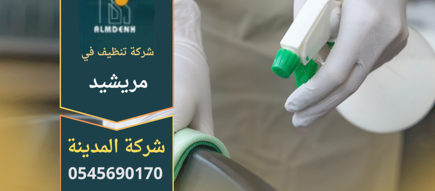 عمال شركة أحلى بيت للتنظيف في مريشيد أثناء تنظيف الأرضيات والنوافذ باستخدام أدوات حديثة ومنظفات آمنة.