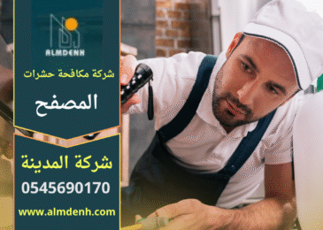 صورة فني من شركة مكافحة حشرات في المصفح يستخدم معدات حديثة لرش المبيدات داخل منزل بطريقة آمنة.