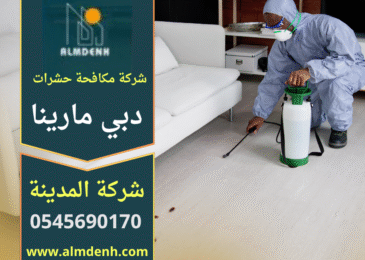 صورة فريق محترف من شركة مكافحة حشرات في دبي مارينا ينفذ معالجة شاملة داخل شقة سكنية باستخدام معدات حديثة.