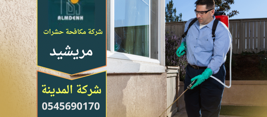 صورة فريق متخصص من شركة مكافحة حشرات في مريشيد يقوم بفحص موقع سكني باستخدام معدات حديثة لضمان معالجة فعالة.