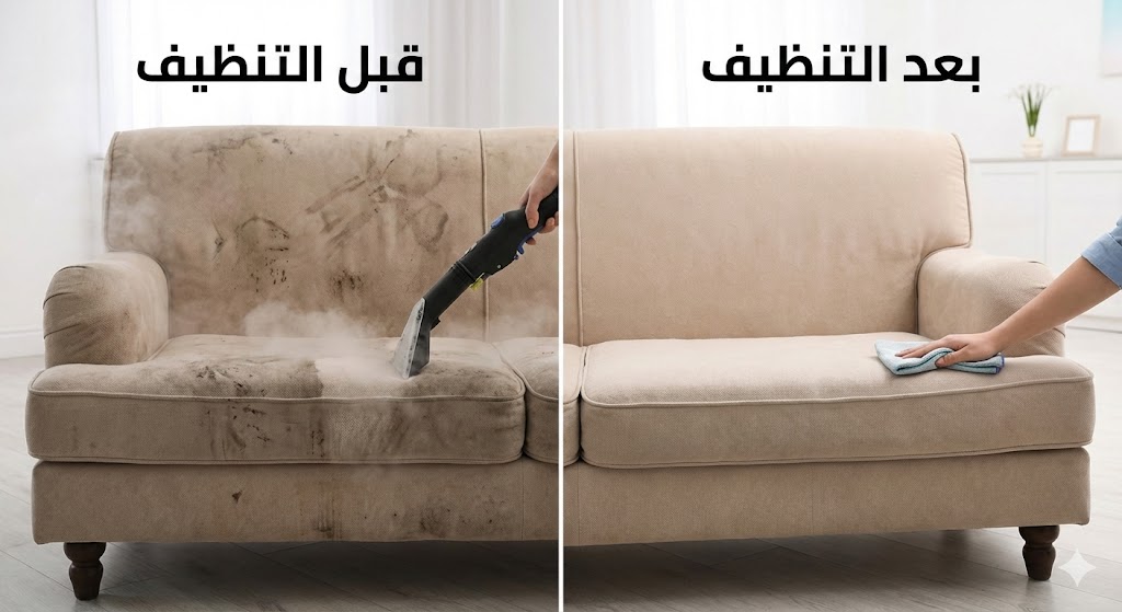 صورة مقارنة قبل وبعد تظهر إزالة البقع الصعبة وتفتيت الأوساخ من قماش الكنب، مما يوضح جودة واحترافية شركة تنظيف كنب بالبخار في العين.
