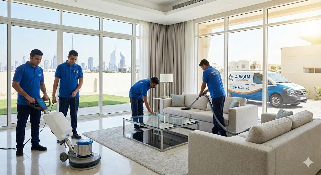 فريق عمل شركة تنظيف في عجمان يقوم بجلي الأرضيات وتنظيف الكنب داخل فيلا فاخرة، مع ظهور سيارة الشركة المجهزة في الخارج.
