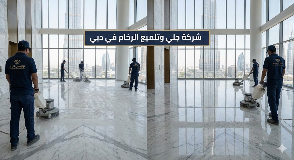فريق عمل متخصص من شركة جلي وتلميع الرخام في دبي يقوم بتلميع أرضية واسعة في طابق مرتفع ببرج يطل على برج خليفة باستخدام ماكينات الكريستال الحديثة.