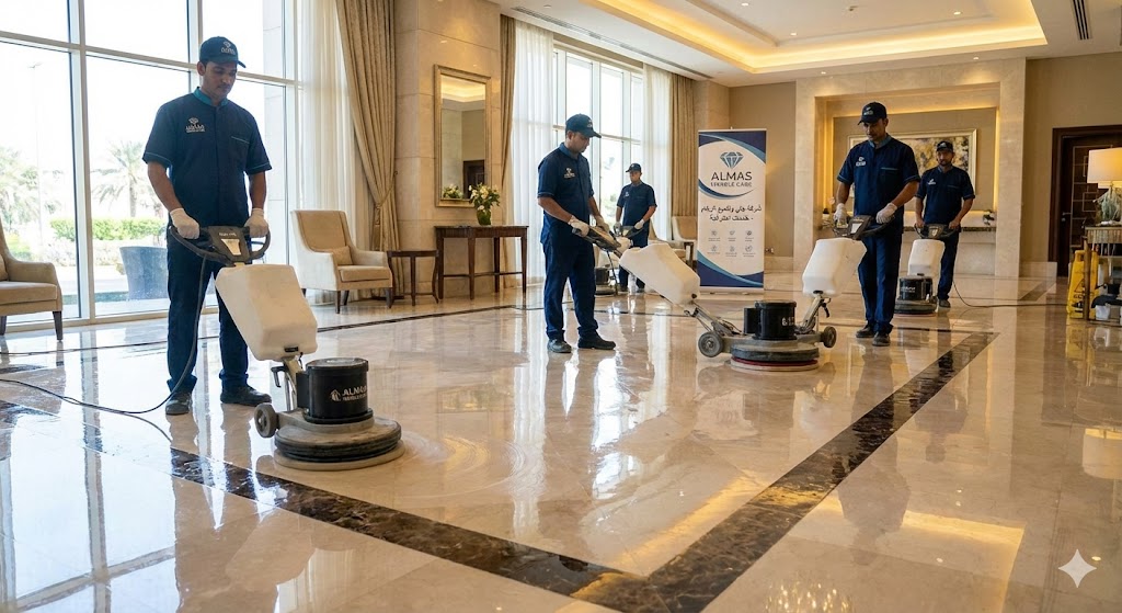 فريق عمل متخصص من شركة جلي وتلميع الرخام في ابوظبي يستخدم آلات جلي حديثة لتلميع أرضية رخامية واسعة داخل بهو فندق فاخر، وتظهر الأرضية لامعة وتعكس الإضاءة.