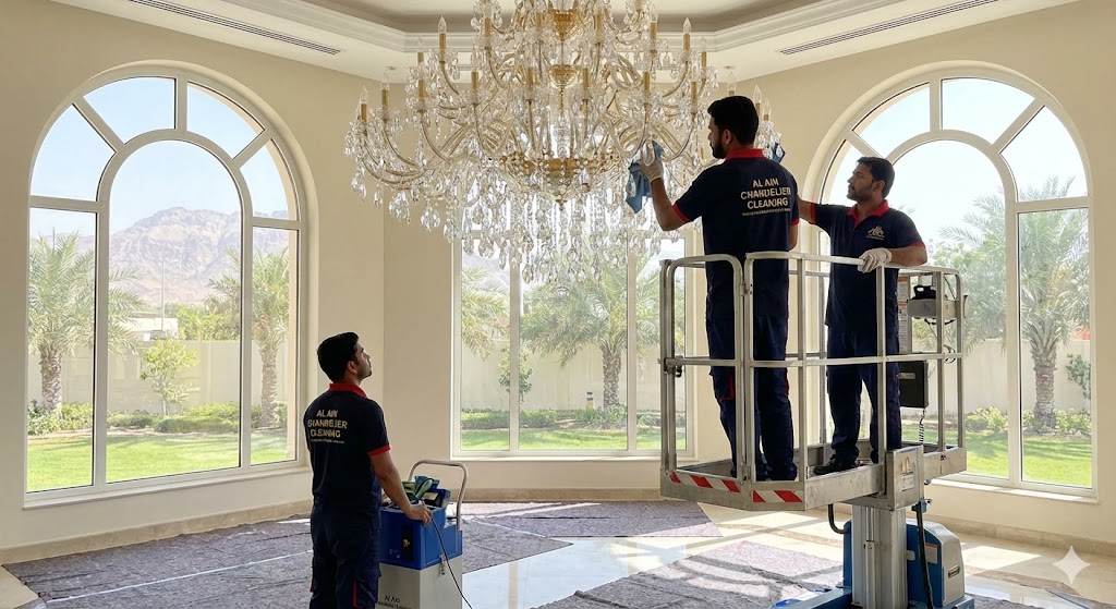 فريق عمل متخصص من شركة تنظيف ثريات في العين يستخدم رافعة هيدروليكية لتلميع ثريا كريستال ضخمة داخل فيلا فاخرة تطل على جبل حفيت