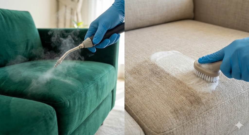 صورة مقسمة توضح تقنيات متخصصة في تنظيف الكنب في عجمان. الجزء الأيسر يظهر استخدام البخار لتنظيف كنب مخمل أخضر، والجزء الأيمن يظهر استخدام الرغوة والفرشاة لتنظيف كنب كتان بيج