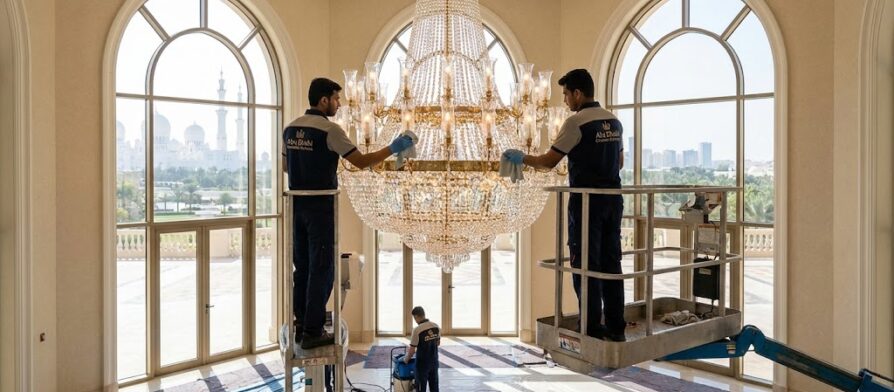 فريق عمل متخصص من شركة تنظيف ثريات في ابوظبي يستخدم رافعة هيدروليكية لتلميع ثريا كريستال ضخمة في قصر فاخر يطل على مسجد الشيخ زايد