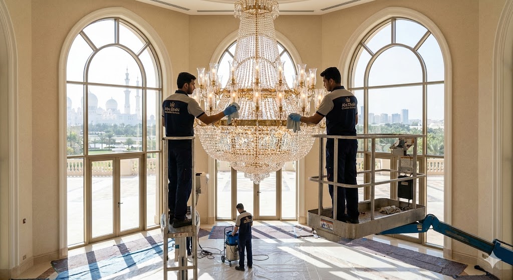 فريق عمل متخصص من شركة تنظيف ثريات في ابوظبي يستخدم رافعة هيدروليكية لتلميع ثريا كريستال ضخمة في قصر فاخر يطل على مسجد الشيخ زايد