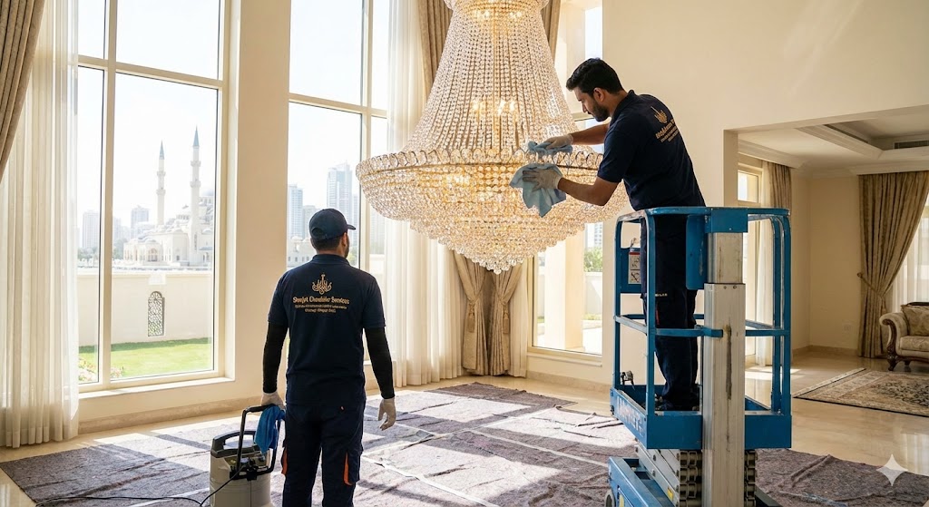 فني محترف من شركة تنظيف ثريات في الشارقة يقف على رافعة هيدروليكية لتلميع ثريا كريستال ضخمة بعناية داخل مجلس فيلا واسعة تطل على معالم المدينة.