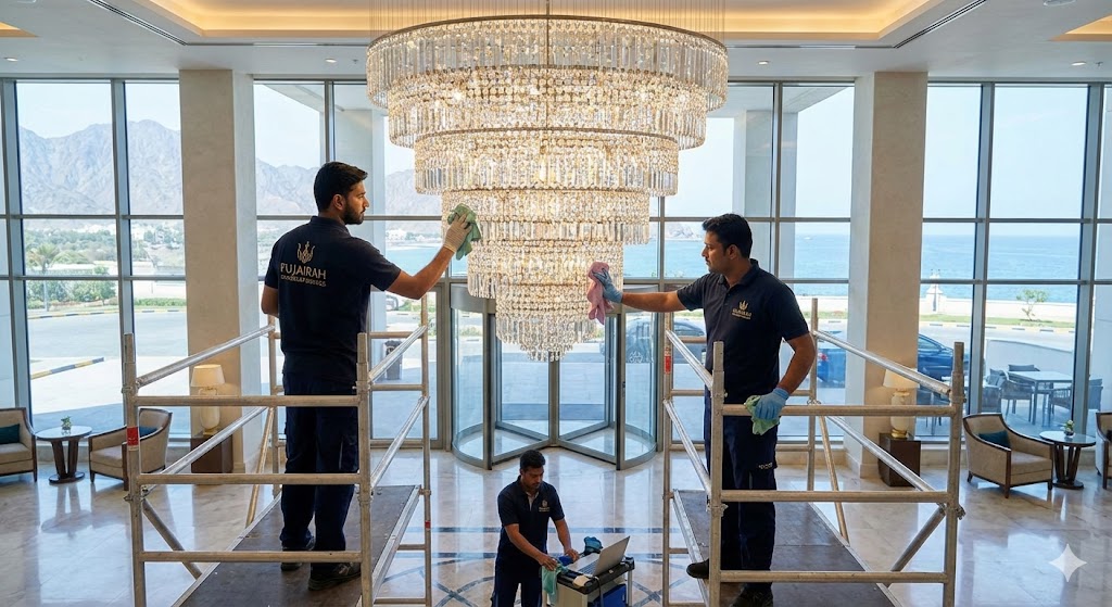 فريق عمل متخصص من شركة تنظيف ثريات في الفجيرة يستخدم السقالات لتنظيف وتلميع ثريا كريستال ضخمة في بهو فندق فاخر يطل على البحر والجبال.