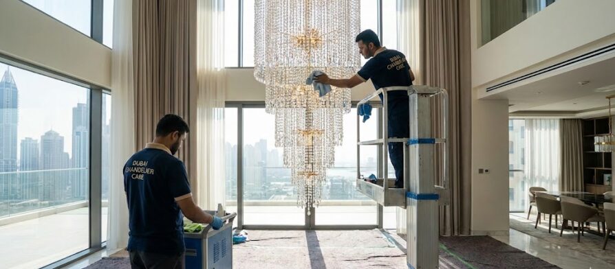 فريق عمل متخصص من شركة تنظيف ثريات في دبي يستخدم رافعة هيدروليكية آمنة لتلميع ثريا كريستال ضخمة ومعلقة في سقف مرتفع داخل فيلا فاخرة.