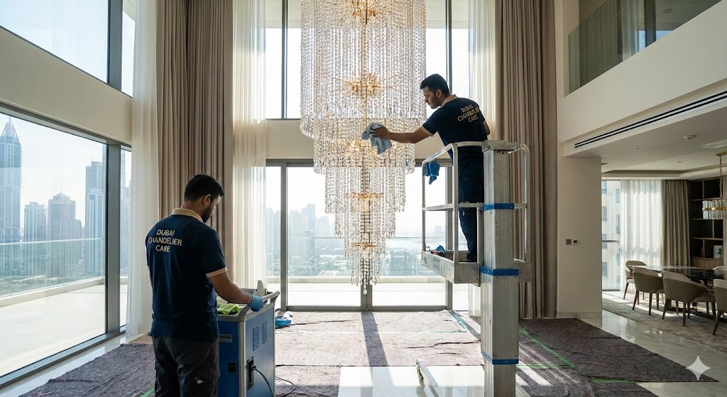 فريق عمل متخصص من شركة تنظيف ثريات في دبي يستخدم رافعة هيدروليكية آمنة لتلميع ثريا كريستال ضخمة ومعلقة في سقف مرتفع داخل فيلا فاخرة.