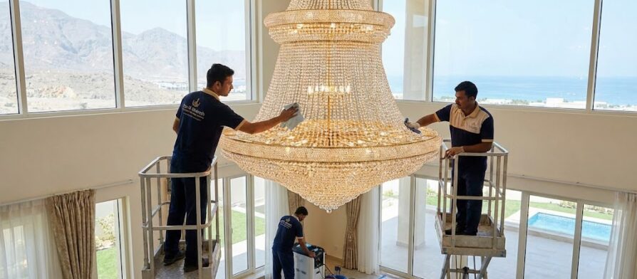 فريق عمل متخصص من شركة تنظيف ثريات في راس الخيمة يستخدم رافعات هيدروليكية لتلميع ثريا كريستال ضخمة داخل فيلا فاخرة تطل على البحر والجبال.