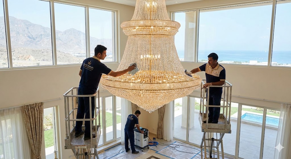 فريق عمل متخصص من شركة تنظيف ثريات في رأس الخيمة يستخدم رافعات هيدروليكية لتلميع ثريا كريستال ضخمة داخل فيلا فاخرة تطل على البحر والجبال.