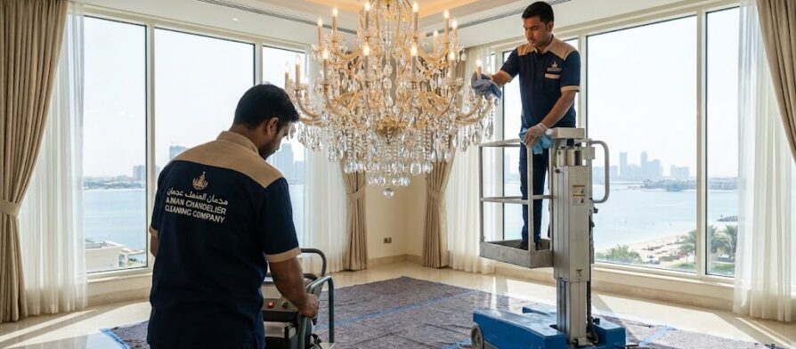 فريق عمل متخصص من شركة تنظيف ثريات في عجمان يستخدم رافعة هيدروليكية ومعدات حديثة لتلميع ثريا كريستال ضخمة ومعقدة داخل فيلا فاخرة مطلة على البحر.