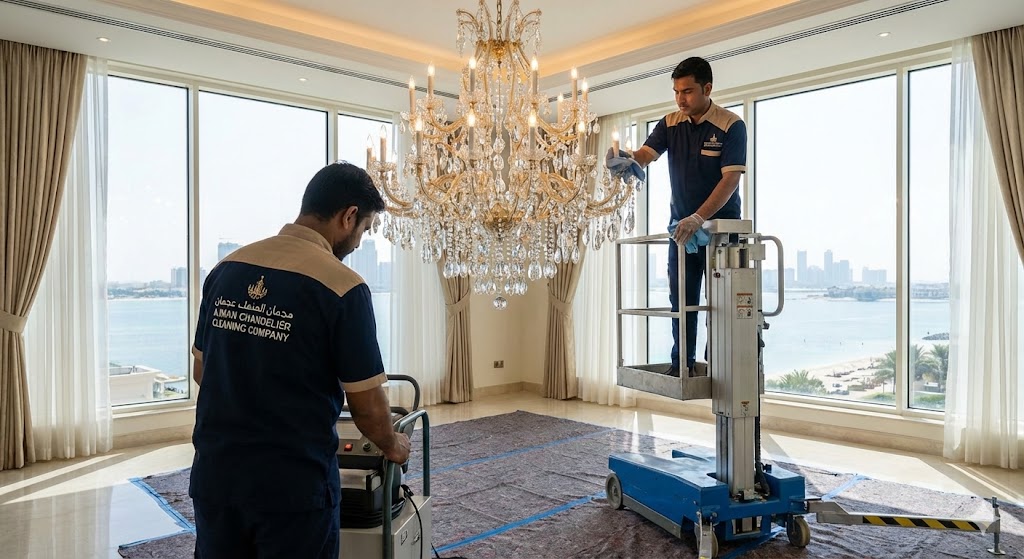 فريق عمل متخصص من شركة تنظيف ثريات في عجمان يستخدم رافعة هيدروليكية ومعدات حديثة لتلميع ثريا كريستال ضخمة ومعقدة داخل فيلا فاخرة مطلة على البحر.