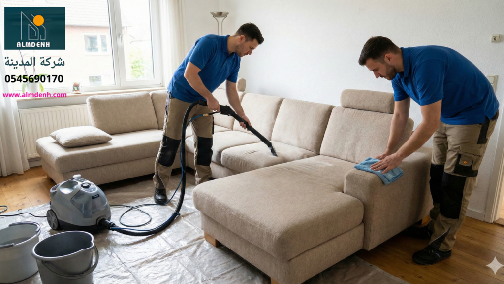 فريق عمل متخصص من شركة تنظيف كنب في ابوظبي يقوم بعملية غسيل وتنظيف عميق لكنبة زاوية بيج باستخدام أجهزة بخار وشفط حديثة داخل منزل.