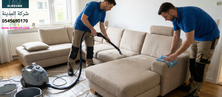 فريق عمل متخصص من شركة تنظيف كنب في ابوظبي يقوم بعملية غسيل وتنظيف عميق لكنبة زاوية بيج باستخدام أجهزة بخار وشفط حديثة داخل منزل.