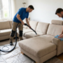 فريق عمل متخصص من شركة تنظيف كنب في ابوظبي يقوم بعملية غسيل وتنظيف عميق لكنبة زاوية بيج باستخدام أجهزة بخار وشفط حديثة داخل منزل.