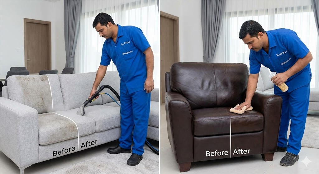 صورة مقسمة تظهر مقارنة 'قبل وبعد' لخدمات شركة تنظيف كنب الشارقة (شركة المدينة). على اليسار عامل يقوم بغسيل كنب قماش، وعلى اليمين عامل آخر يقوم بتنظيف وتلميع كنب جلد