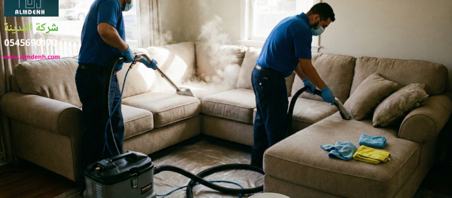فريق متخصص من شركة تنظيف كنب في العين يستخدم معدات التنظيف بالبخار الحديثة لإزالة البقع والتعقيم العميق لأريكة زاوية كبيرة داخل منزل، مع اتخاذ إجراءات الوقاية.