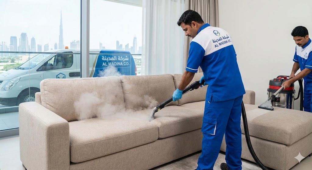 فريق عمل شركة المدينة يقوم بتنظيف كنب بالبخار لإزالة البقع والتعقيم في أحد المنازل، مما يجعلنا أفضل شركة تنظيف كنب في عجمان لخدمات غسيل المفروشات.