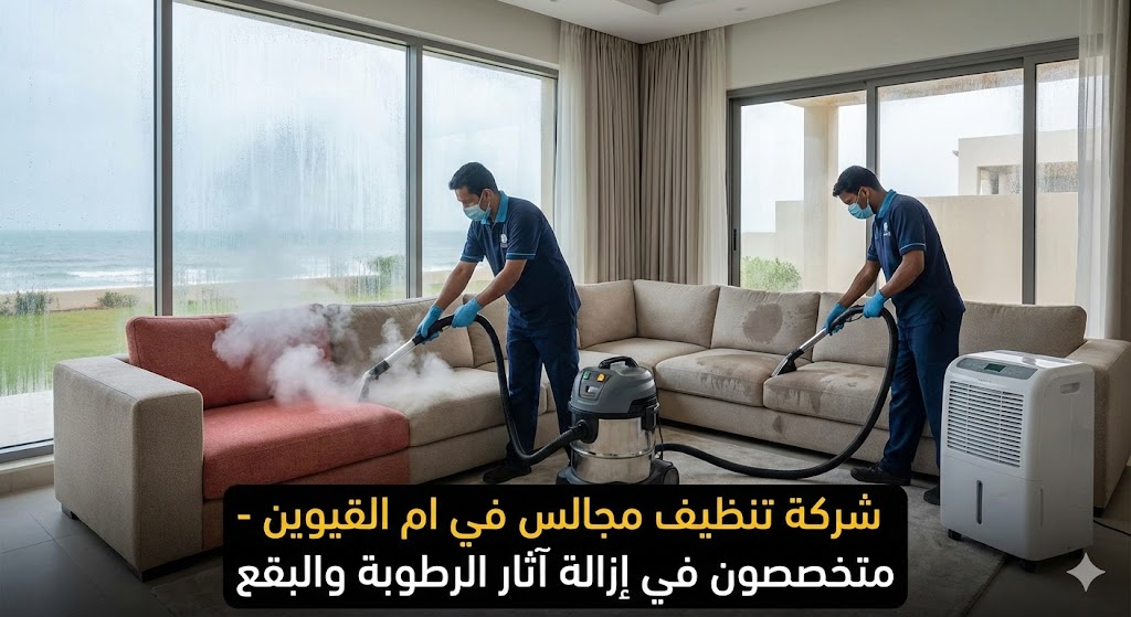فريق عمل شركة تنظيف مجالس في ام القيوين يعالج كنب قماشي من آثار الرطوبة والعفن باستخدام التنظيف بالبخار وجهاز سحب الرطوبة في منزل مطل على البحر.