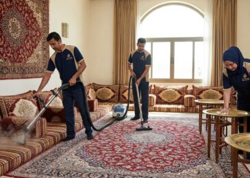 فريق متخصص من شركة تنظيف مجالس في عجمان يستخدم أجهزة التنظيف بالبخار والمكانس الكهربائية لتعقيم الكنب والسجاد في مجلس عربي تقليدي.