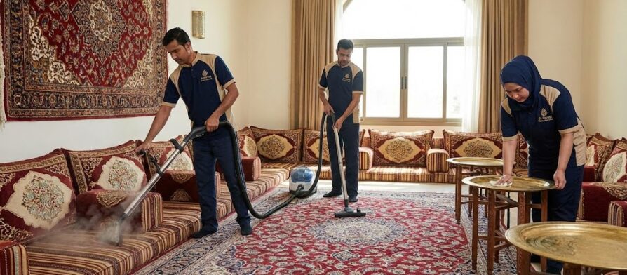 فريق متخصص من شركة تنظيف مجالس في عجمان يستخدم أجهزة التنظيف بالبخار والمكانس الكهربائية لتعقيم الكنب والسجاد في مجلس عربي تقليدي.