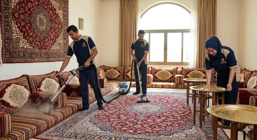 فريق متخصص من شركة تنظيف مجالس في عجمان يستخدم أجهزة التنظيف بالبخار والمكانس الكهربائية لتعقيم الكنب والسجاد في مجلس عربي تقليدي.