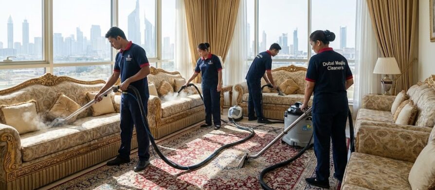 فريق متخصص من شركة تنظيف مجالس في دبي يستخدم أحدث أجهزة البخار لتنظيف وتعقيم الكنب والسجاد في مجلس فاخر يطل على أفق مدينة دبي.