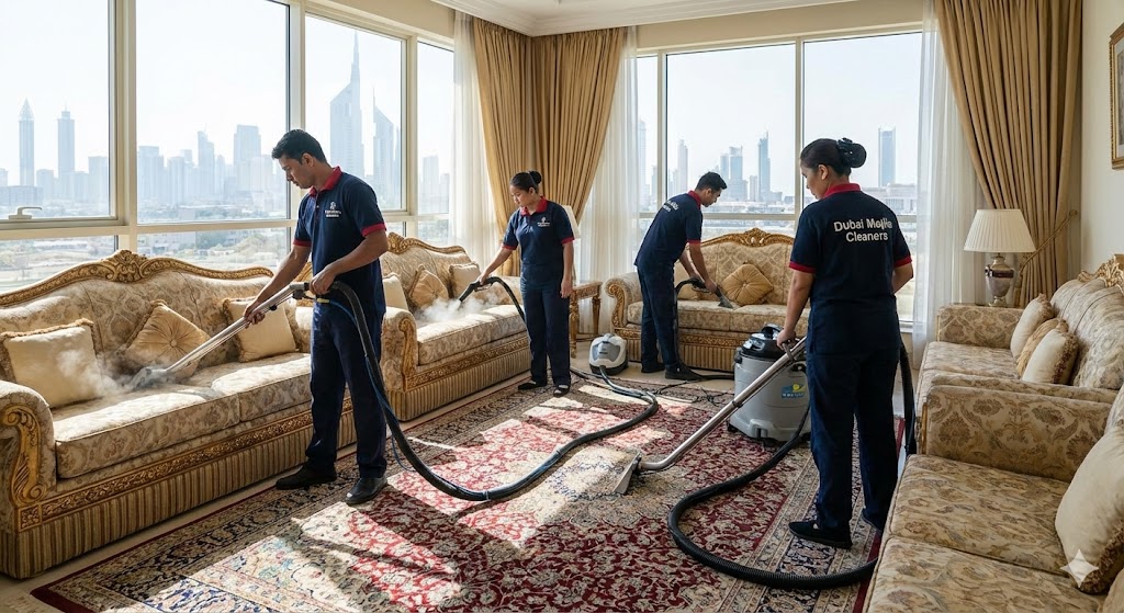 فريق متخصص من شركة تنظيف مجالس في دبي يستخدم أحدث أجهزة البخار لتنظيف وتعقيم الكنب والسجاد في مجلس فاخر يطل على أفق مدينة دبي.