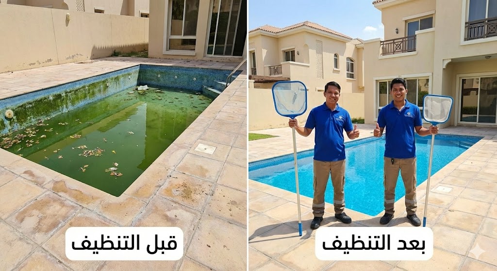 صورة مقارنة قبل وبعد تظهر تحول مياه المسبح من اللون الأخضر العكر إلى مياه زرقاء صافية بوجود عاملين مبتسمين، مما يبرز جودة خدمات تنظيف فلل ابوظبي في تعقيم المسابح.