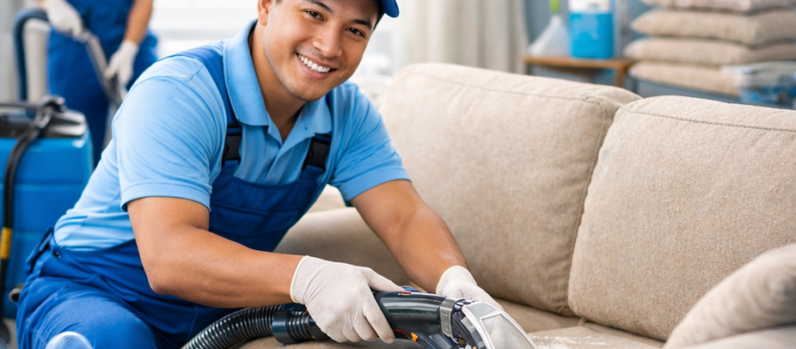 فريق عمل متخصص من شركة تنظيف مفروشات في العين (شركة المدينة) يستخدم تقنية البخار الحديثة لغسيل وتعقيم مجلس عربي فاخر وإزالة البقع الصعبة في فيلا سكنية بمدينة العين.