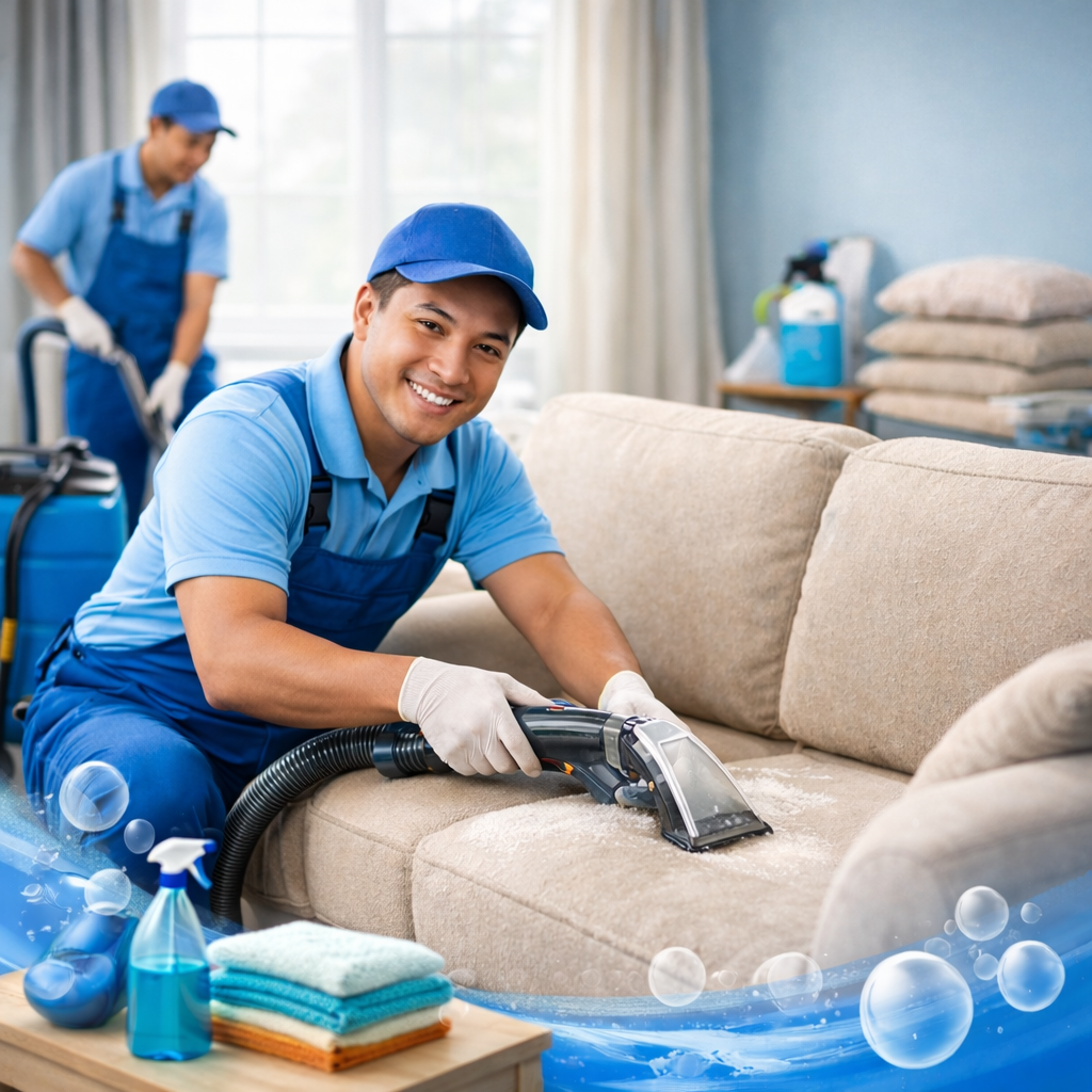 فريق عمل متخصص من شركة تنظيف مفروشات في العين (شركة المدينة) يستخدم تقنية البخار الحديثة لغسيل وتعقيم مجلس عربي فاخر وإزالة البقع الصعبة في فيلا سكنية بمدينة العين.