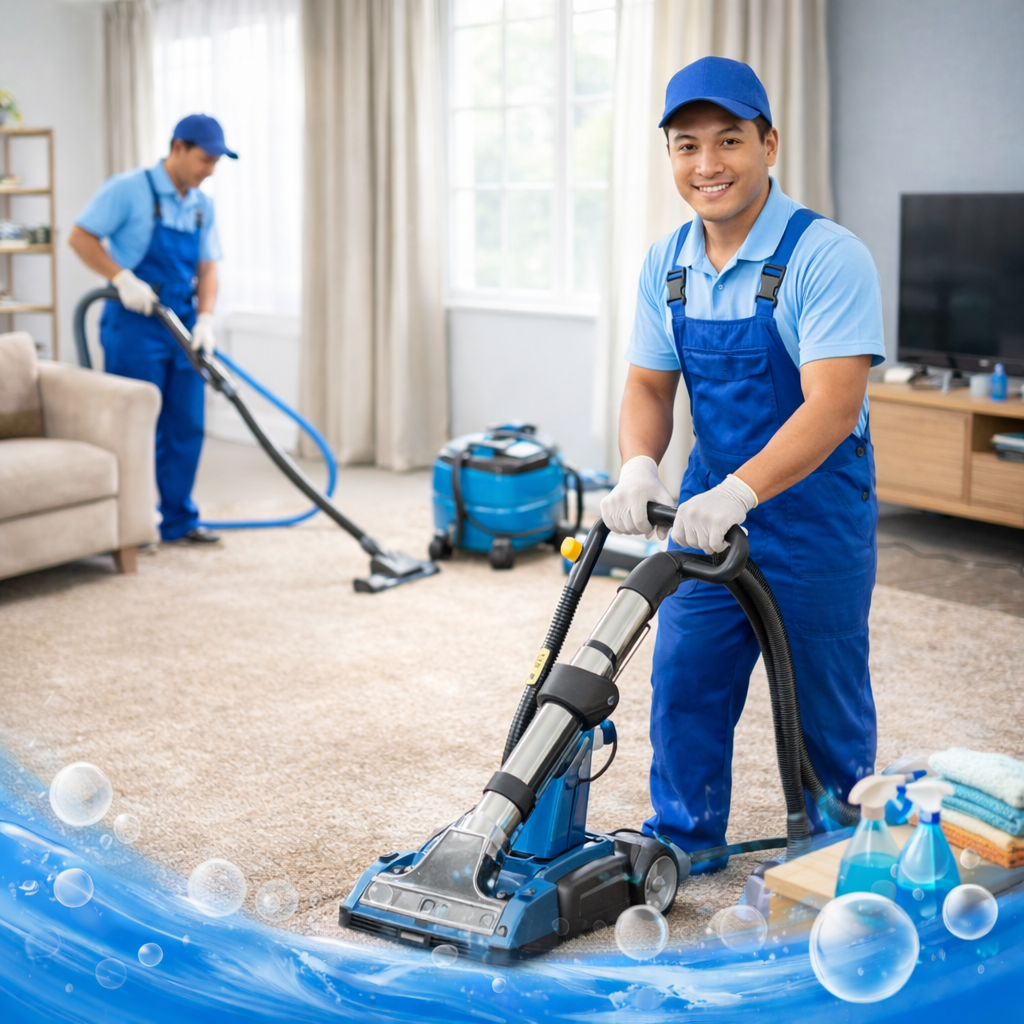 فريق عمل محترف من شركة تنظيف مفروشات في ام القيوين (شركة المدينة) يستخدم جهاز البخار الحديث لغسيل وتعقيم كنب غرفة معيشة وإزالة البقع الصعبة في فيلا سكنية بمنطقة السلمة.