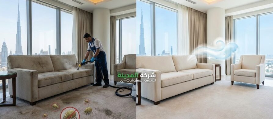 فريق عمل شركة تنظيف مفروشات في دبي يقوم بغسيل كنب بالبخار وإزالة البقع الصعبة مع إظهار الفرق قبل وبعد التنظيف في شقة بدبي.