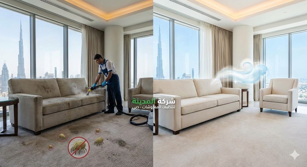 فريق عمل شركة تنظيف مفروشات في دبي يقوم بغسيل كنب بالبخار وإزالة البقع الصعبة مع إظهار الفرق قبل وبعد التنظيف في شقة بدبي.