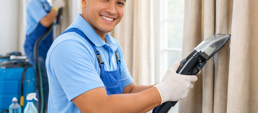 فريق عمل متخصص من شركة تنظيف مفروشات في راس الخيمة (شركة المدينة) يقوم بغسيل كنب ومجلس بالبخار وإزالة البقع الصعبة في فيلا بمنطقة الظيت