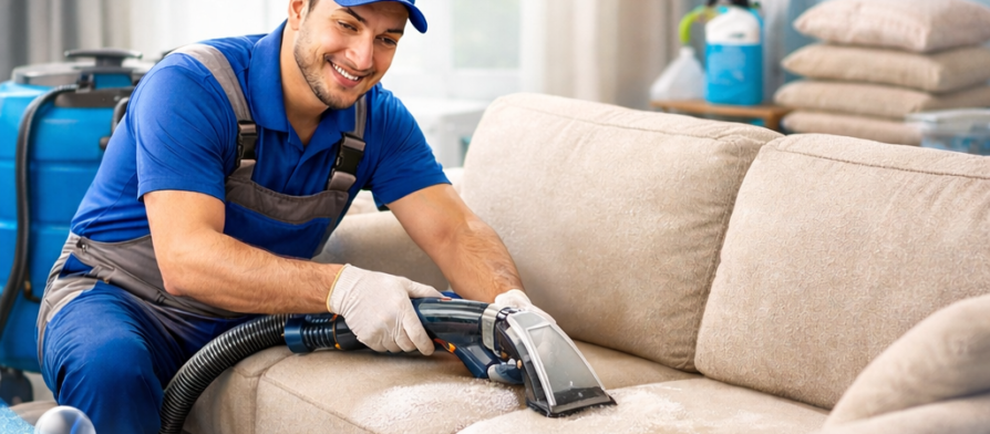 فريق عمل شركة المدينة، التي تعد أفضل شركة تنظيف مفروشات في ابوظبي، يستخدم أجهزة البخار الحديثة لغسيل وتعقيم كنب مجلس فاخر في فيلا سكنية بالعاصمة.