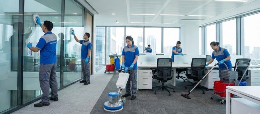فريق عمل متخصص من شركة تنظيف مكاتب في ابوظبي يقوم بمهام تنظيف شاملة داخل مقر إداري حديث، تشمل تلميع الواجهات الزجاجية، جلي الأرضيات، وكنس السجاد باستخدام معدات متطورة.