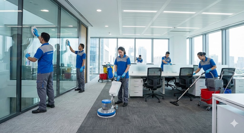 فريق عمل متخصص من شركة تنظيف مكاتب في ابوظبي يقوم بمهام تنظيف شاملة داخل مقر إداري حديث، تشمل تلميع الواجهات الزجاجية، جلي الأرضيات، وكنس السجاد باستخدام معدات متطورة.