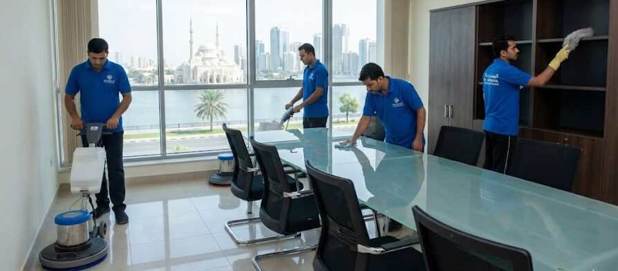 فريق عمل شركة تنظيف مكاتب في الشارقة يقوم بمهام جلي الأرضيات، مسح الغبار، وتنظيف النوافذ في مكتب يطل على بحيرة خالد ومسجد النور.