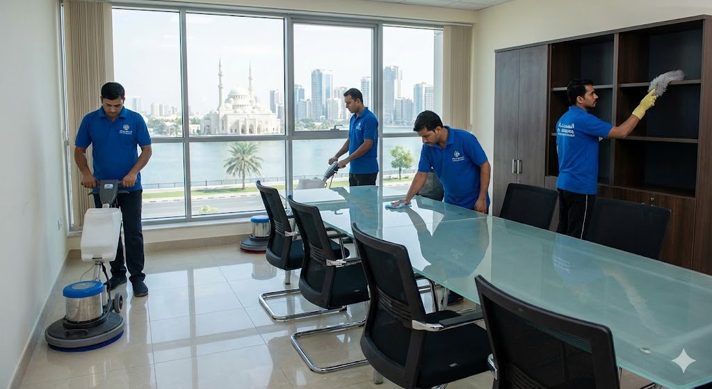 فريق عمل شركة تنظيف مكاتب في الشارقة يقوم بمهام جلي الأرضيات، مسح الغبار، وتنظيف النوافذ في مكتب يطل على بحيرة خالد ومسجد النور.